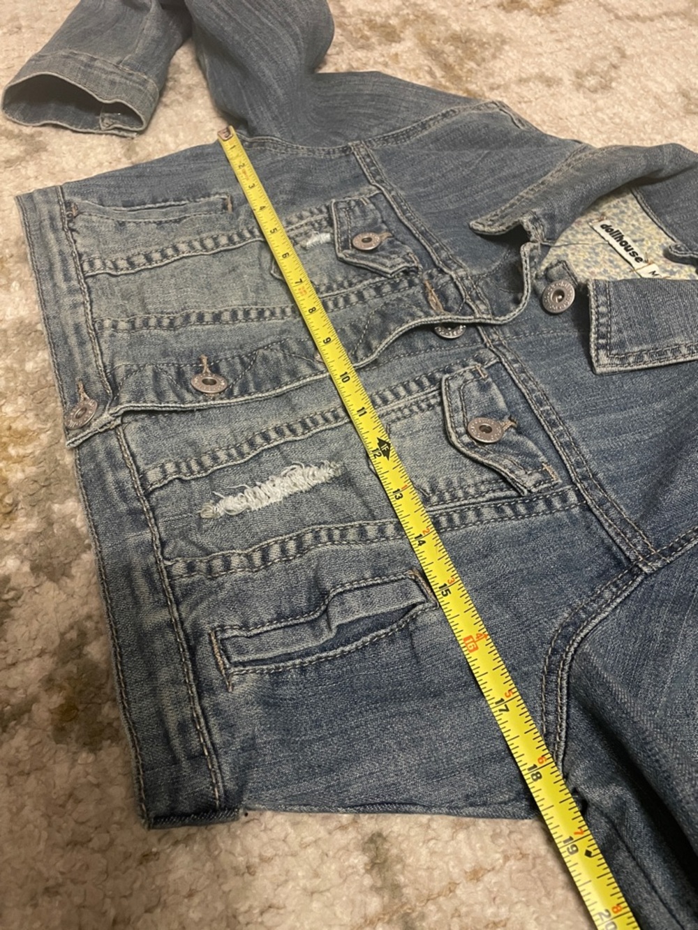 Upcycled Dollhouse Cropped Distressed Denim Jacket with Bird Hmong embroidery M - Picture 9 of 15